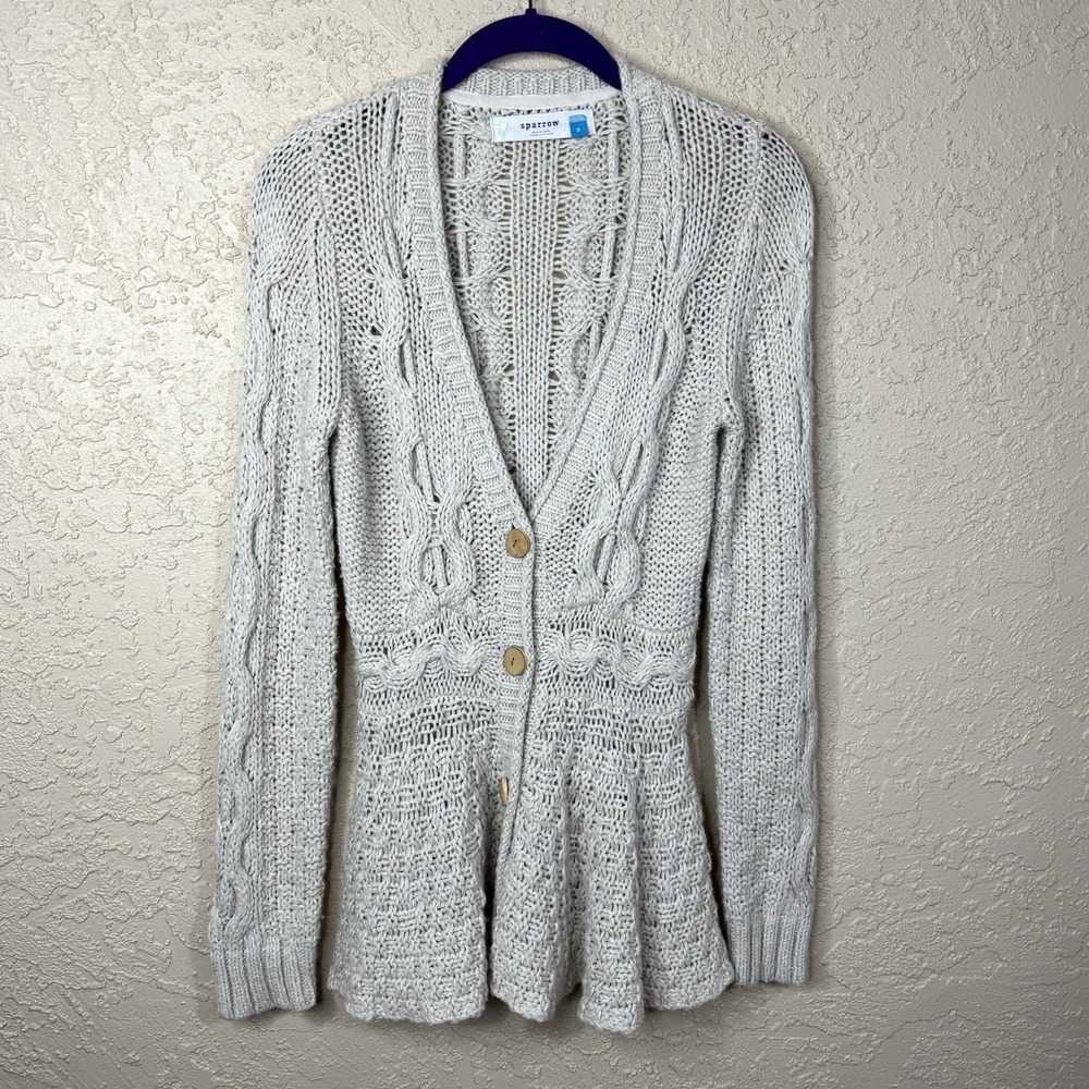Womens Open Cable Knit Button Up Cardigan Sweater Small Ivory Fairy Cottage Boho